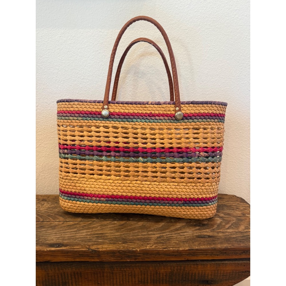 Handwoven Straw Market Basket Tote Leather Handles Colorful Boho 16"